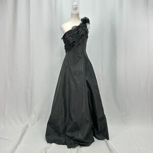 Cassandra Stone Black Maxi One Shoulder Ruffled Dress A-Line Goth Sz 8